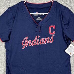 Cleveland Indians Shirt Baseball Jersey Womens Large Blue V-Neck TX3 Cool NEW